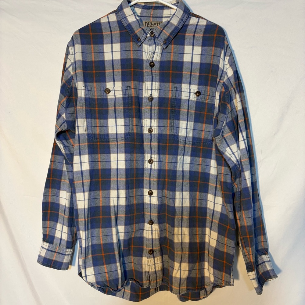 Duluth Trading Co Flannel Shirt XL Tall Trim Fit Blue Orange Plaid Workwear